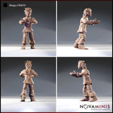 Four-angle digital render of the Hungry Child 01 miniature by Novaminis showing front, side, back, and three-quarter views. Details visible include stitched seams across the back and limbs, distended musculature, frayed clothing edges, and a slack open-mouthed expression. Unpainted resin render in warm clay tones.