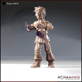 Front view digital render of Hungry Child 01 miniature — a bare-chested male figure with wild spiky hair, one hand reaching forward and one pressed to the chest, wearing heavily stitched trousers and worn boots, unpainted resin