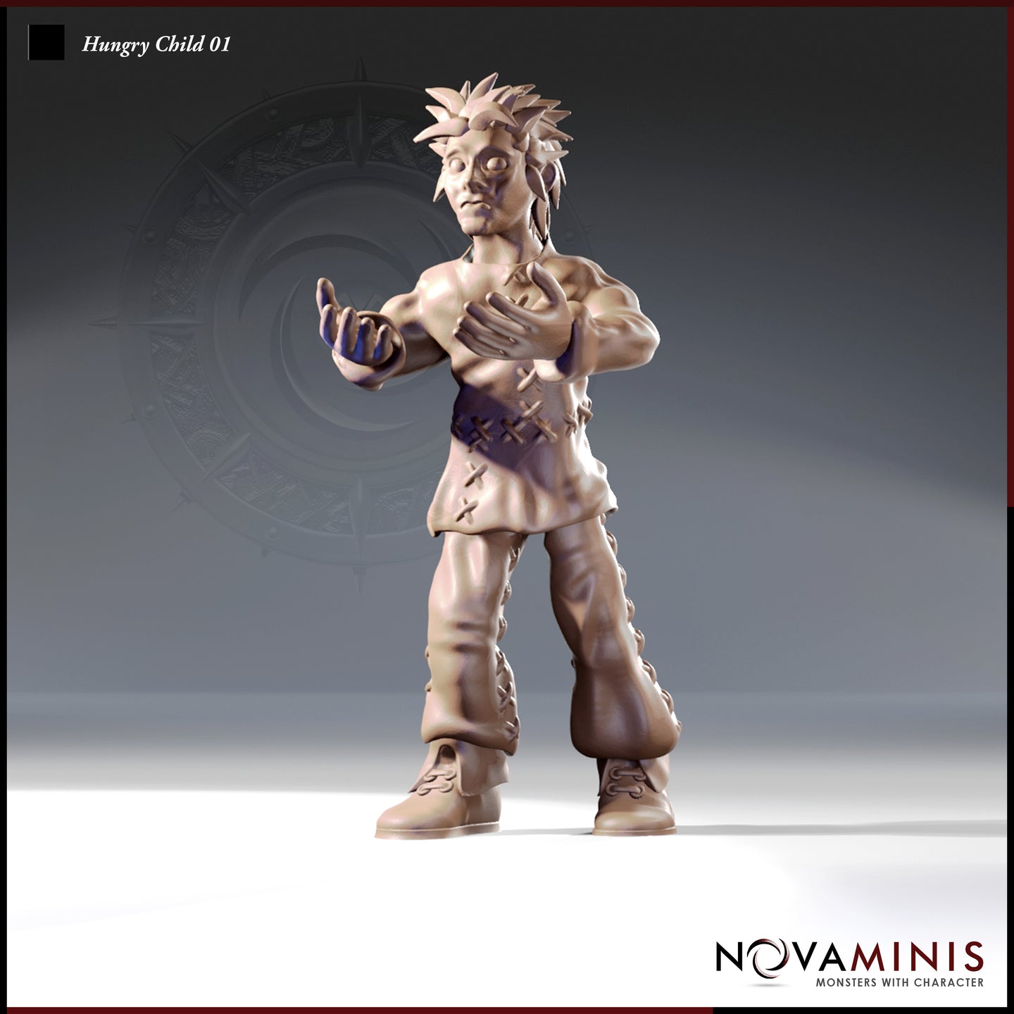 Front-facing digital render of the Hungry Child 01 miniature by Novaminis — an unsettling humanoid figure with wild spiked hair, blank eyes, and arms outstretched in a grasping pose. Cross-stitch sutures run down the torso and legs, with tattered laced boots and ragged layered clothing. Unpainted resin render in warm clay tones.