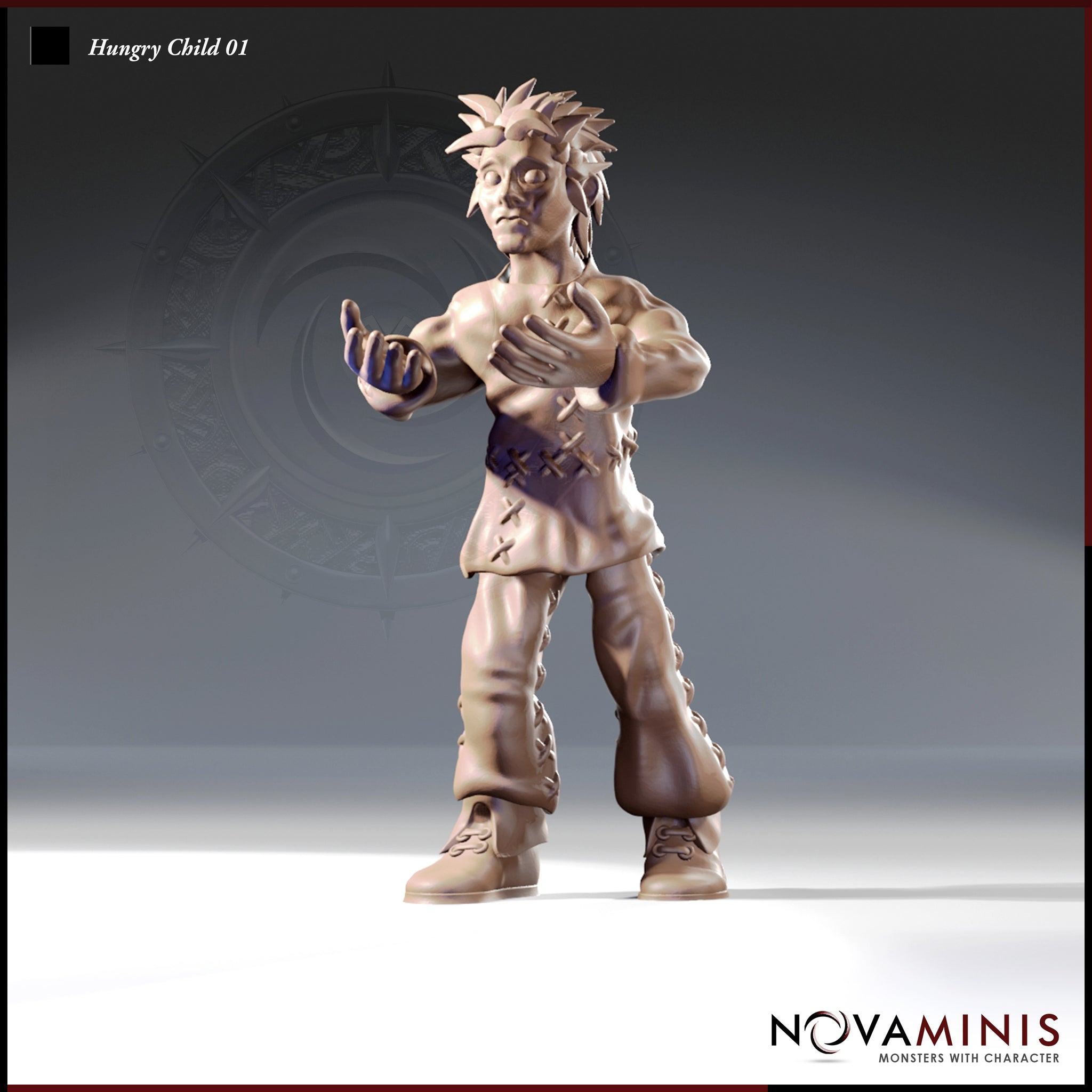 Front-facing digital render of the Hungry Child 01 miniature by Novaminis — an unsettling humanoid figure with wild spiked hair, blank eyes, and arms outstretched in a grasping pose. Cross-stitch sutures run down the torso and legs, with tattered laced boots and ragged layered clothing. Unpainted resin render in warm clay tones.