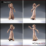 Four-angle turnaround render of Hungry Child 02 by Novaminis — unpainted 32mm miniature showing front, back, and side views of a gaunt female horror figure in a stitched robe, mid-reach pose with raised arm and grasping hands, detailed dreadlock hair sculpt visible from all angles