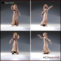 Four-angle turnaround render of Hungry Child 02 by Novaminis — unpainted 32mm miniature showing front, back, and side views of a gaunt female horror figure in a stitched robe, mid-reach pose with raised arm and grasping hands, detailed dreadlock hair sculpt visible from all angles