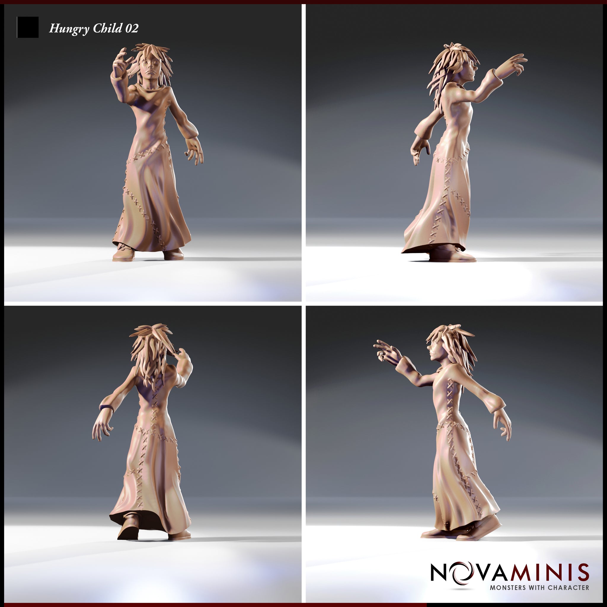 Four-angle turnaround render of Hungry Child 02 by Novaminis — unpainted 32mm miniature showing front, back, and side views of a gaunt female horror figure in a stitched robe, mid-reach pose with raised arm and grasping hands, detailed dreadlock hair sculpt visible from all angles