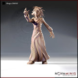 Front view digital render of Hungry Child 02 miniature — a female figure in a long stitched dress with wild dreadlocked hair, one arm raised with fingers spread upward and the other hanging with curling fingers, unpainted resin