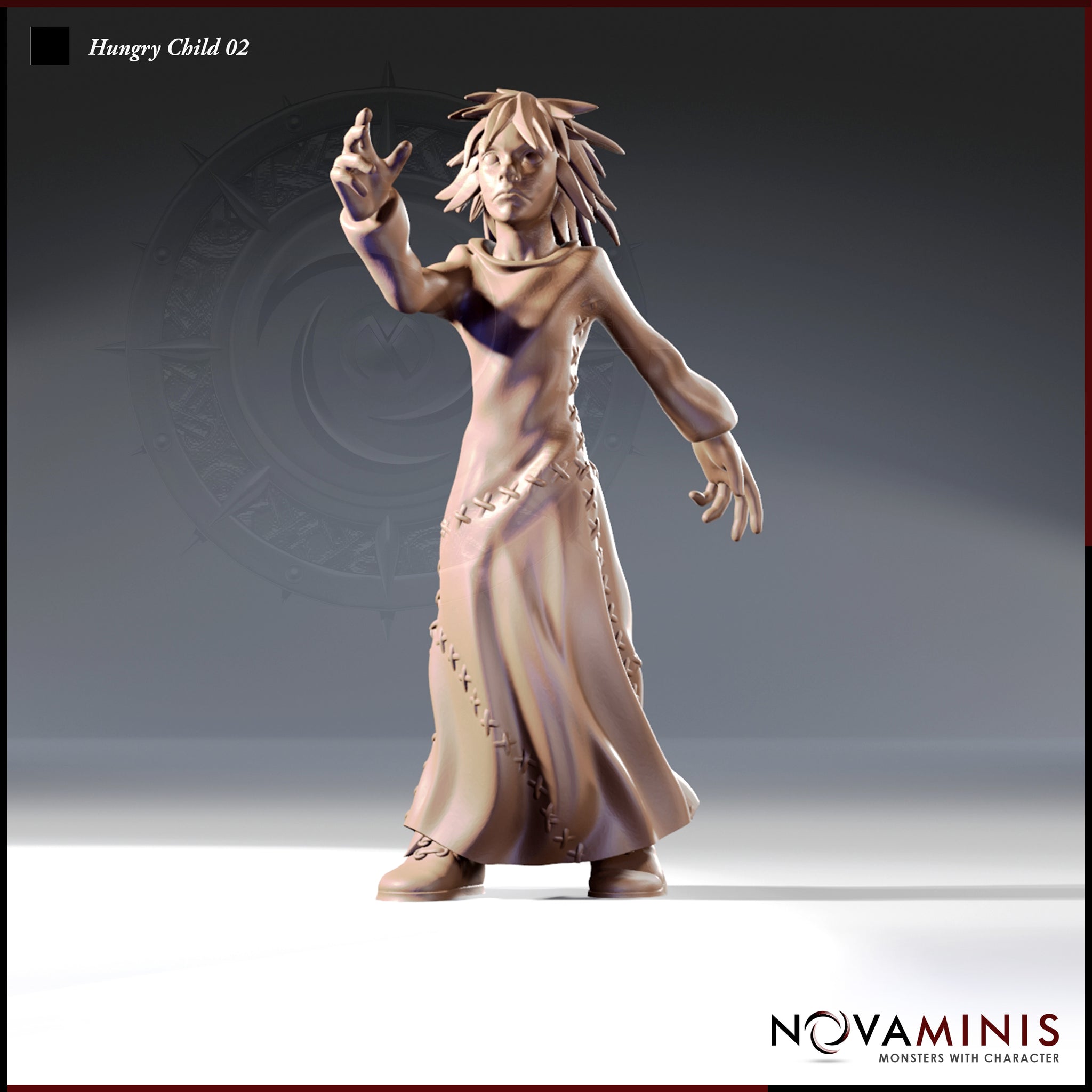 Front view of Hungry Child 02 resin miniature by Novaminis — an unpainted 32mm digital render of a gaunt female figure in a long cross-stitched robe, one arm raised with fingers curled, the other hanging low and clawed, with wild matted dreadlocks and a hollow expression