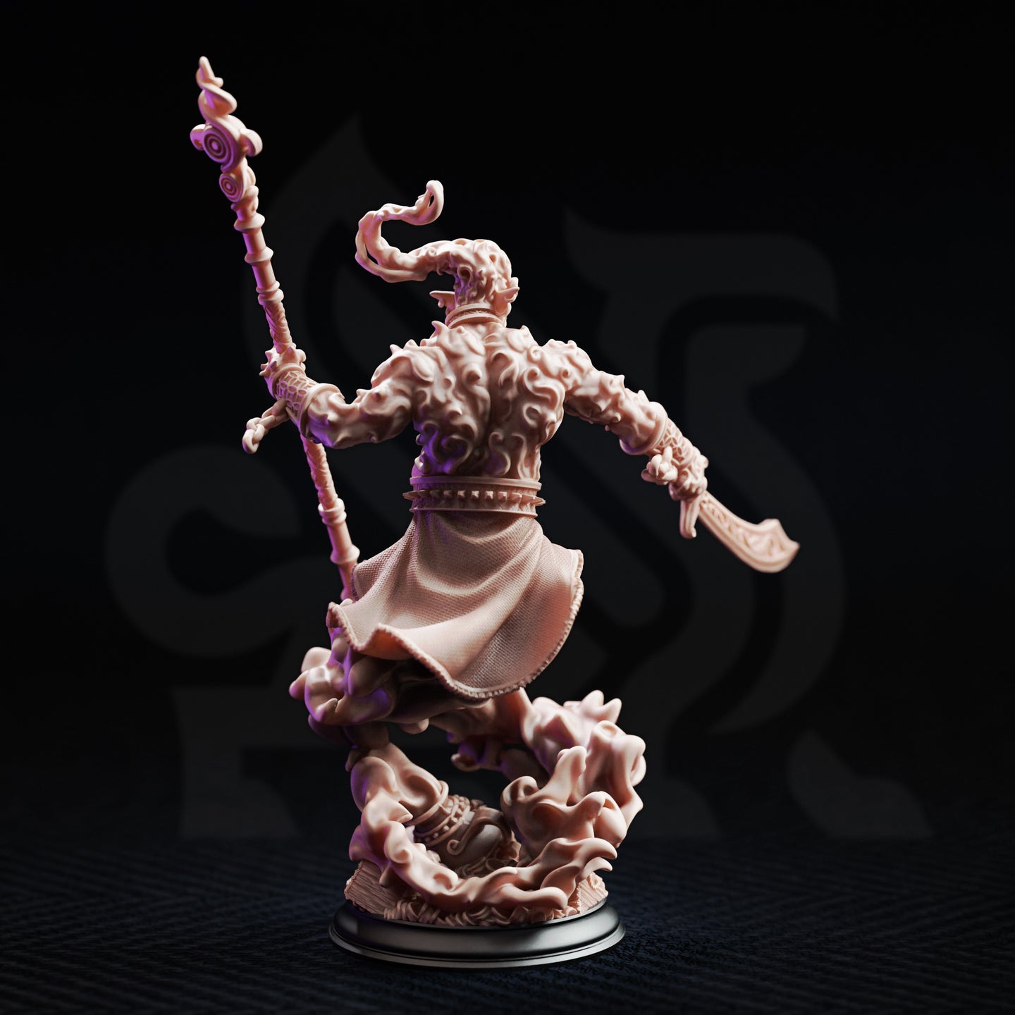 Rear view of unpainted resin Rabasa Djinni miniature by DM Stash — showing flowing robes, carved back musculature with swirling smoke texture, and the full height of the ornate staff with circular finial, 32mm scale on a smoke-cloud base