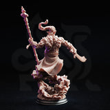 Rear view of unpainted resin Rabasa Djinni miniature by DM Stash — showing flowing robes, carved back musculature with swirling smoke texture, and the full height of the ornate staff with circular finial, 32mm scale on a smoke-cloud base
