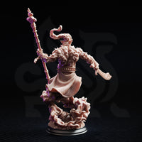 Rear view of unpainted resin Rabasa Djinni miniature by DM Stash — showing flowing robes, carved back musculature with swirling smoke texture, and the full height of the ornate staff with circular finial, 32mm scale on a smoke-cloud base