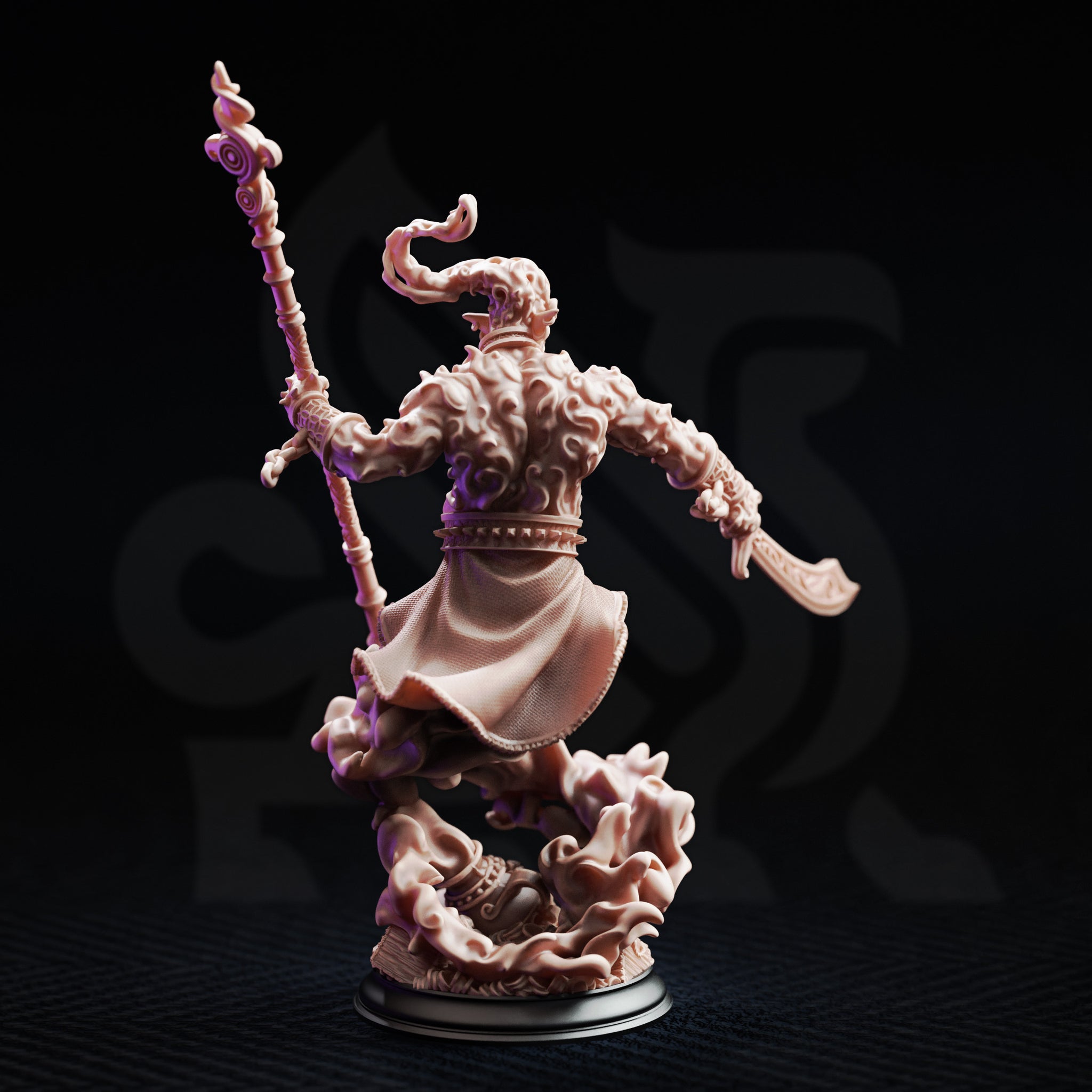 Rear view of unpainted resin Rabasa Djinni miniature by DM Stash — showing flowing robes, carved back musculature with swirling smoke texture, and the full height of the ornate staff with circular finial, 32mm scale on a smoke-cloud base