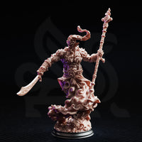 Three-quarter front view of unpainted resin Rabasa Djinni miniature by DM Stash — highlighting the detailed engraved scimitar blade, spiked shoulder texture, horned skull with smoke wisps, and billowing elemental cloud base, 32mm scale