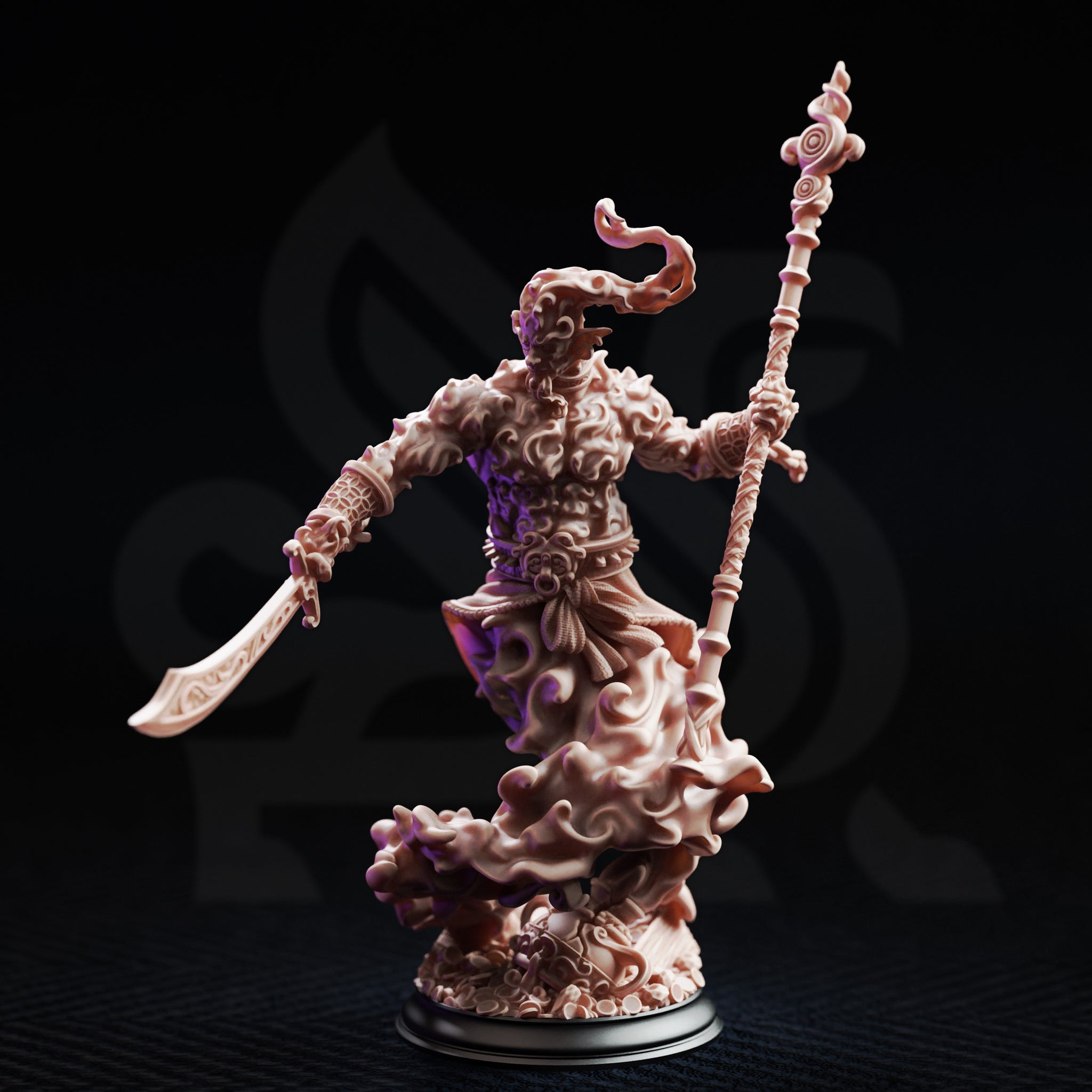Three-quarter front view of unpainted resin Rabasa Djinni miniature by DM Stash — highlighting the detailed engraved scimitar blade, spiked shoulder texture, horned skull with smoke wisps, and billowing elemental cloud base, 32mm scale