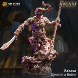 Unpainted resin miniature of Rabasa the Djinni in a Bottle by DM Stash — a horned elemental warrior rising from churning smoke clouds, wielding an engraved scimitar and tall ceremonial staff, 32mm scale, shown from the front