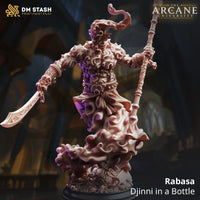 Unpainted resin miniature of Rabasa the Djinni in a Bottle by DM Stash — a horned elemental warrior rising from churning smoke clouds, wielding an engraved scimitar and tall ceremonial staff, 32mm scale, shown from the front
