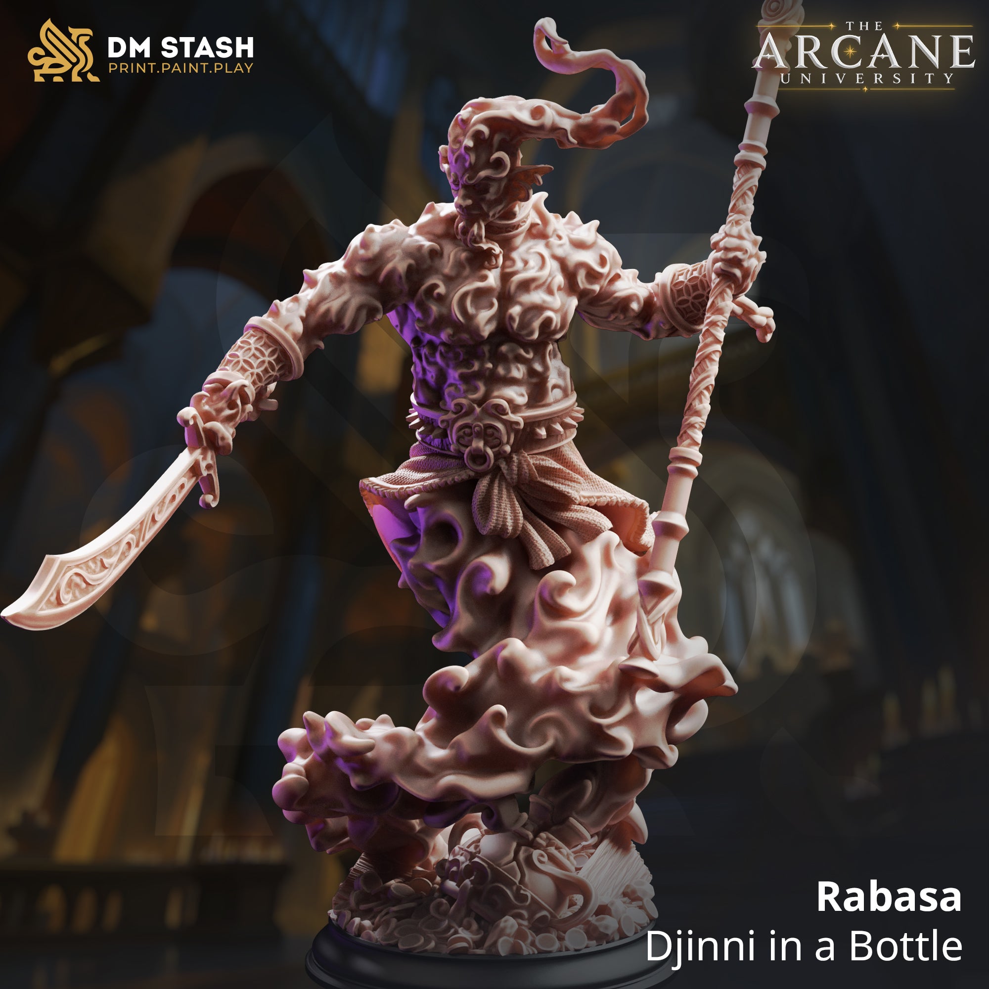 Unpainted resin miniature of Rabasa the Djinni in a Bottle by DM Stash — a horned elemental warrior rising from churning smoke clouds, wielding an engraved scimitar and tall ceremonial staff, 32mm scale, shown from the front