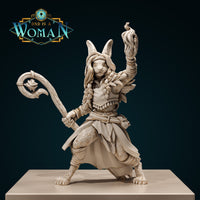 Cream resin digital render of Bonnie the Harengon Druid miniature — front view showing her wide-legged stance, raised fist with flame, gnarled staff in lowered hand, feathered shoulder mantle, braided hair, and layered robes