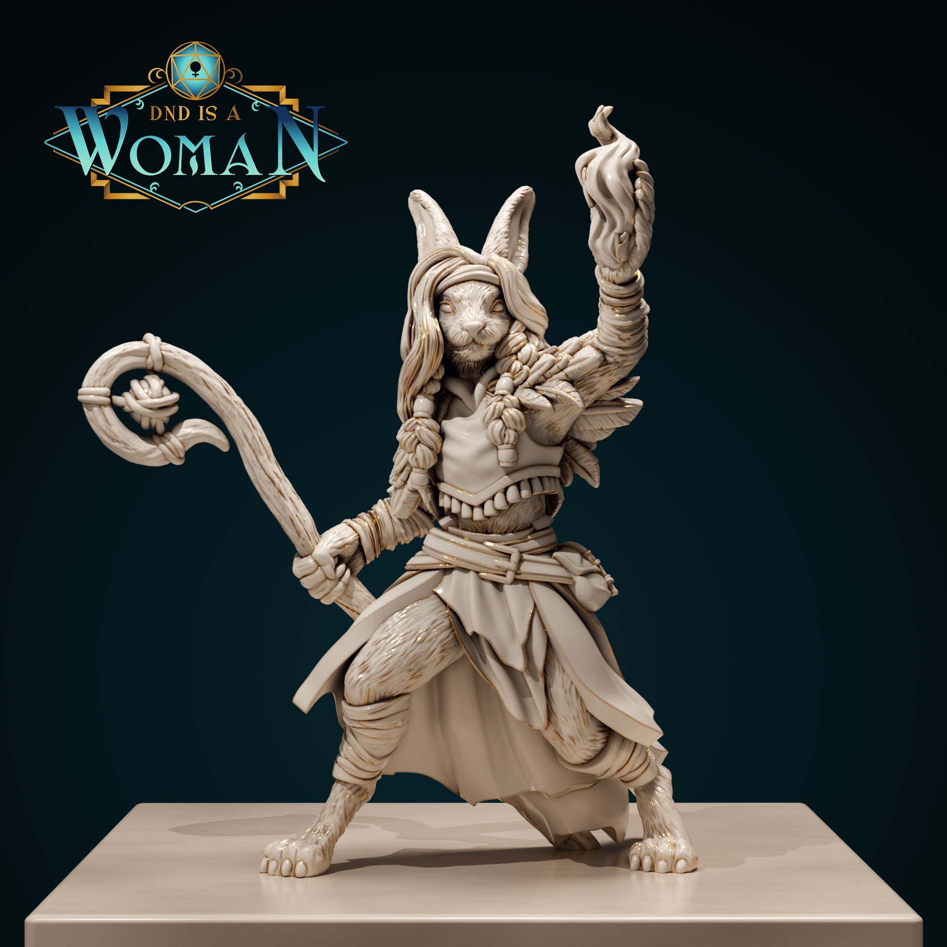 Cream resin digital render of Bonnie the Harengon Druid miniature — front view showing her wide-legged stance, raised fist with flame, gnarled staff in lowered hand, feathered shoulder mantle, braided hair, and layered robes