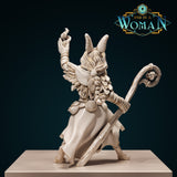 Cream resin digital render of Bonnie the Harengon Druid miniature — rear three-quarter view showing the detailed feather mantle across her back, knotted cord braids, curled staff top, and flowing robes