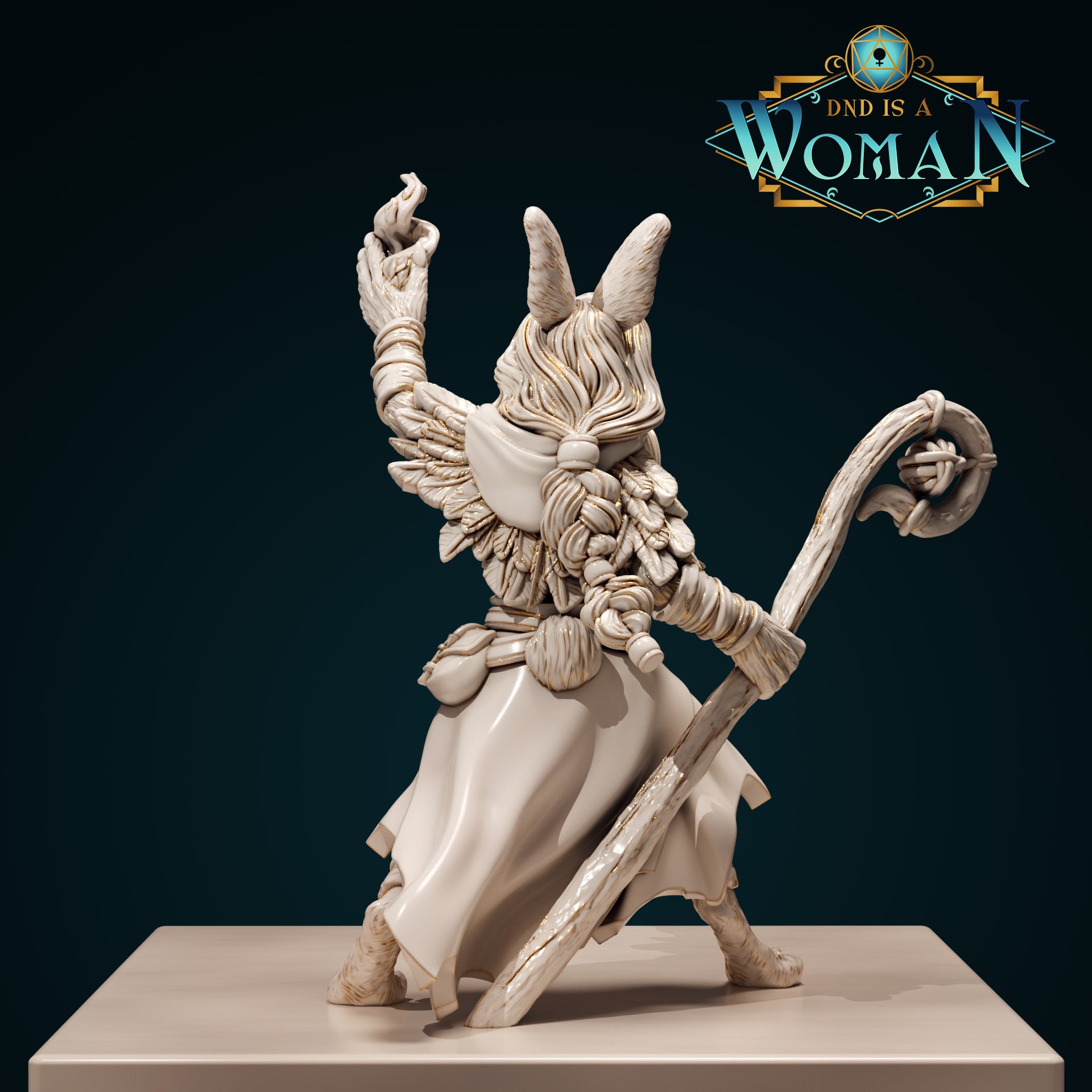Cream resin digital render of Bonnie the Harengon Druid miniature — rear three-quarter view showing the detailed feather mantle across her back, knotted cord braids, curled staff top, and flowing robes