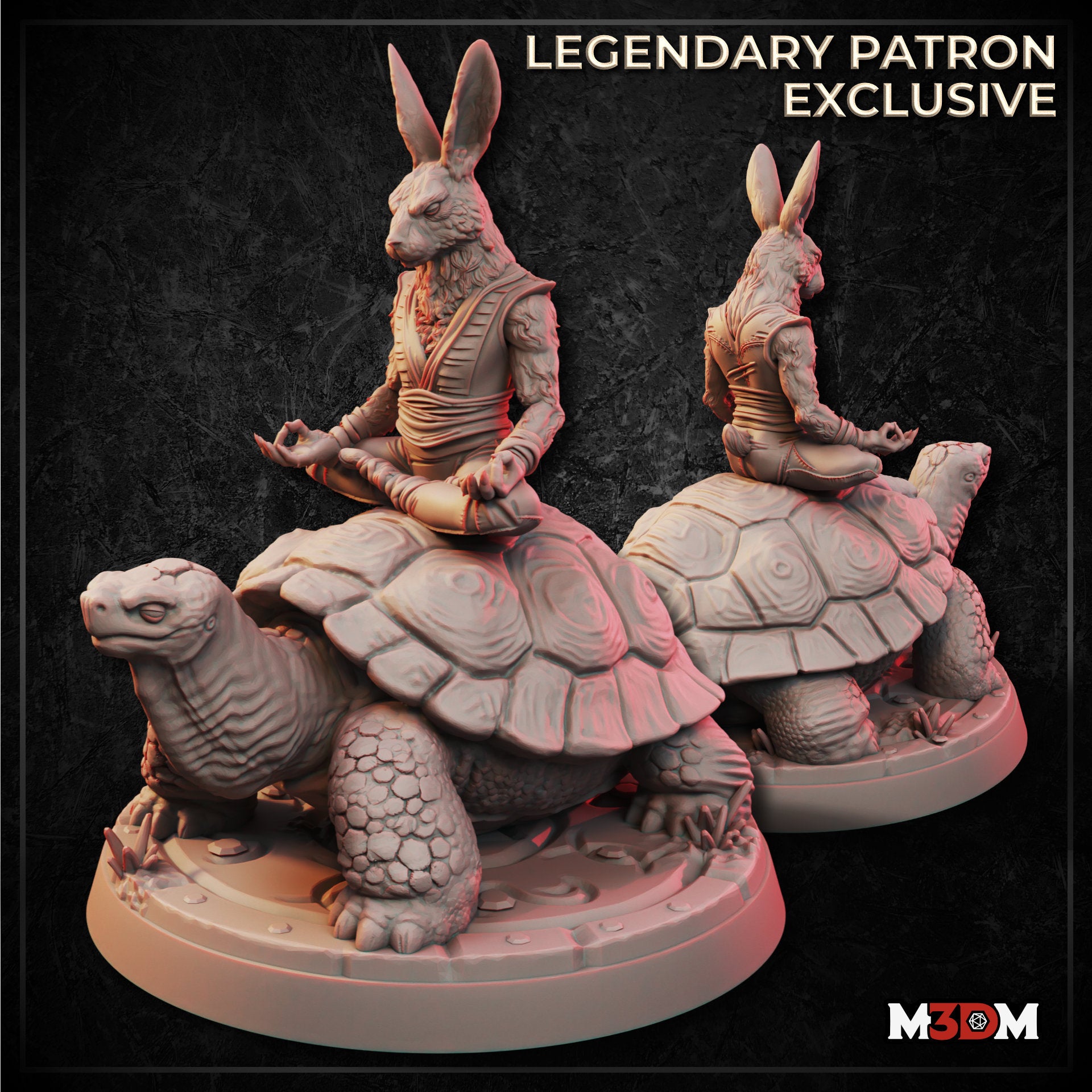 Digital render of an unpainted rabbitfolk monk miniature seated cross-legged in a meditation pose atop a giant tortoise, wearing flowing robes with fingers held in a mudra, shown from front and rear angles on a scenic ground base — labelled as a Legendary Patron Exclusive by M3DM