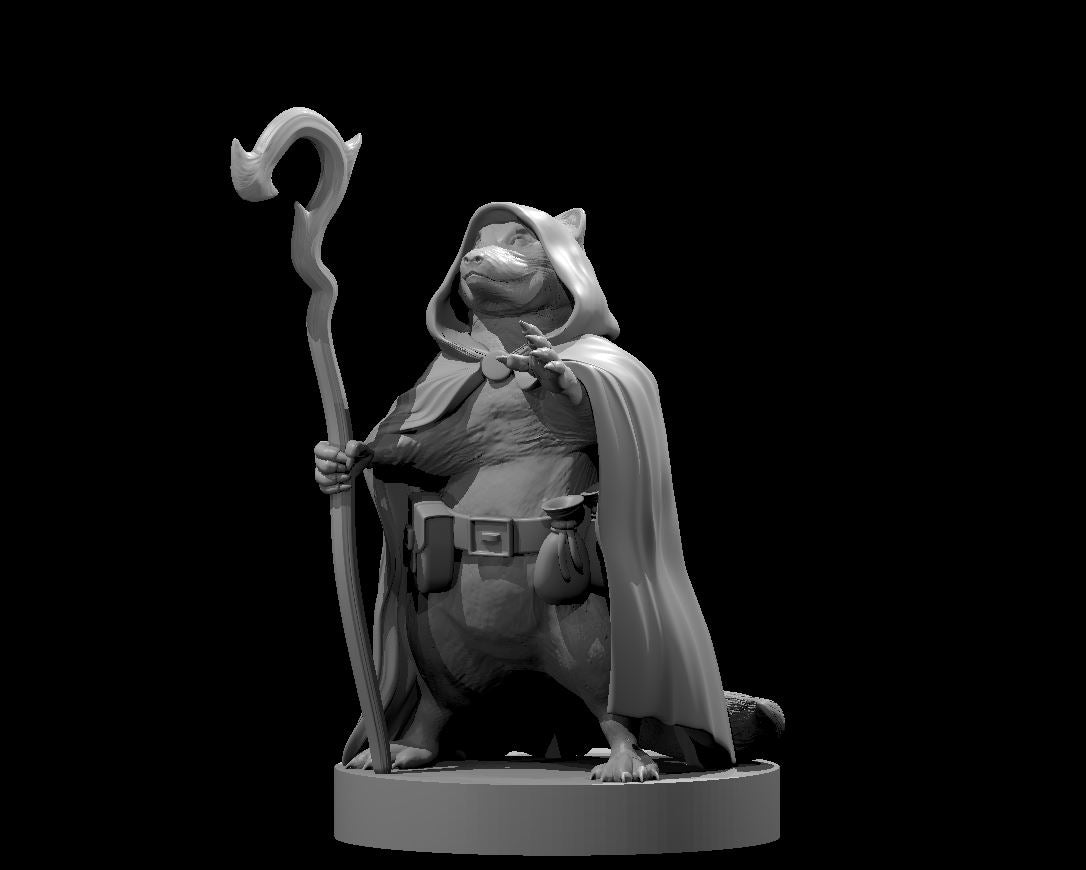 Chubby raccoon druid standing upright, gripping a tall curved staff in one clawed hand, other hand raised with splayed claws. Wears a hooded cloak clasped at chest and a belted satchel. Gaze tilted upward. Sculpt by MZ4250.