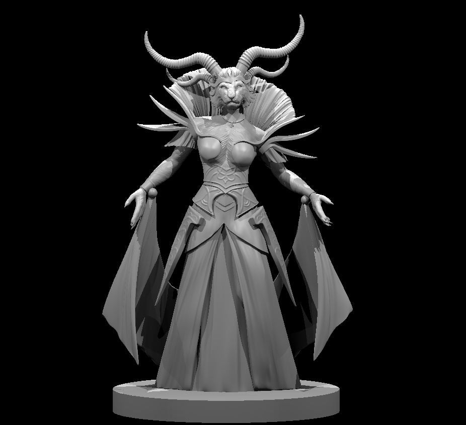 Female Rakshasa miniature by MZ4250 — upright, arms spread, leonine face with curved horns, ornate armoured bodice, flowing layered gown, radiating shoulder spines, clawed hands.