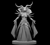 Female Rakshasa miniature by MZ4250 — upright, arms spread, leonine face with curved horns, ornate armoured bodice, flowing layered gown, radiating shoulder spines, clawed hands.
