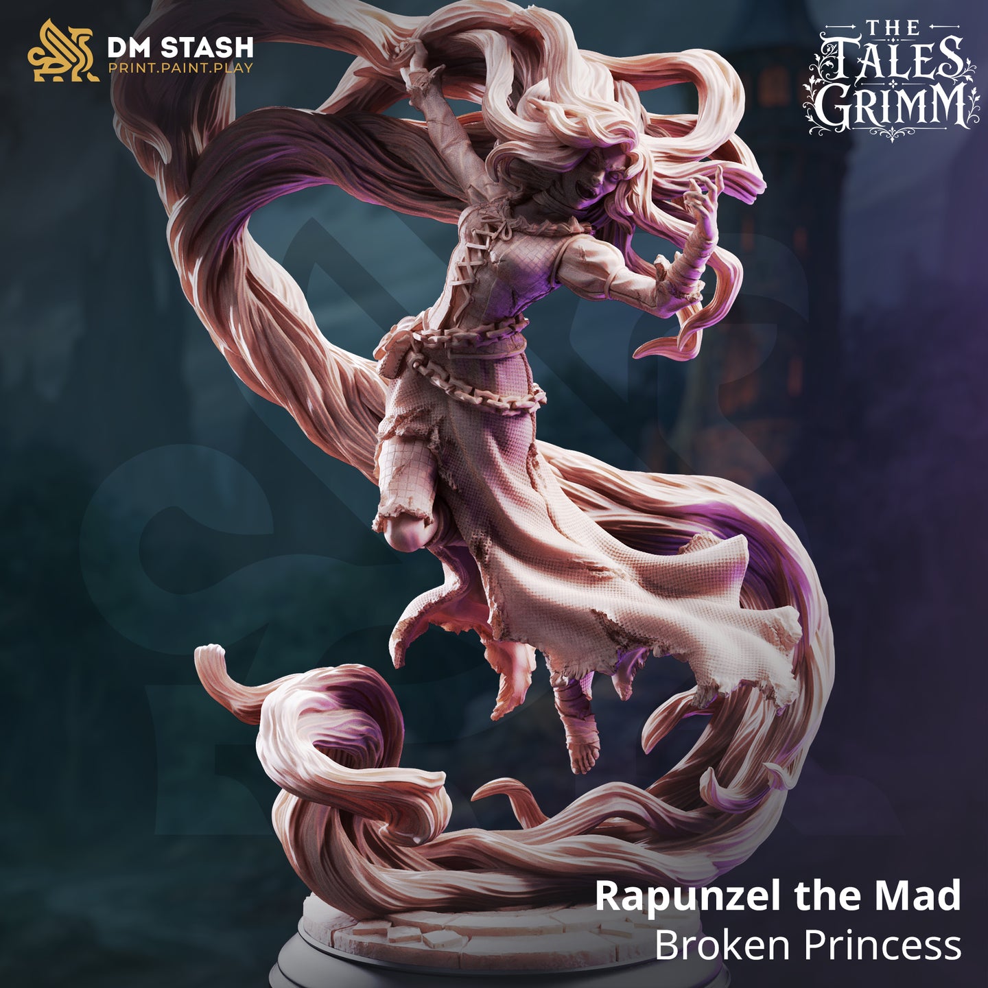 Rapunzel the Mad by DM Stash — rear view showing the figure enveloped in a dense torrent of flowing hair, the tattered dress hem and bare feet visible beneath the swirling mass, cracked flagstone base below.
