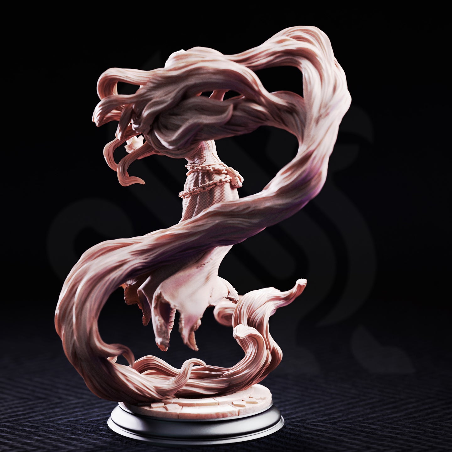 Rapunzel the Mad by DM Stash — a wild-haired woman in a tattered dress levitating within a massive swirl of animated hair, arms raised, bare feet trailing, on a cracked stone base.