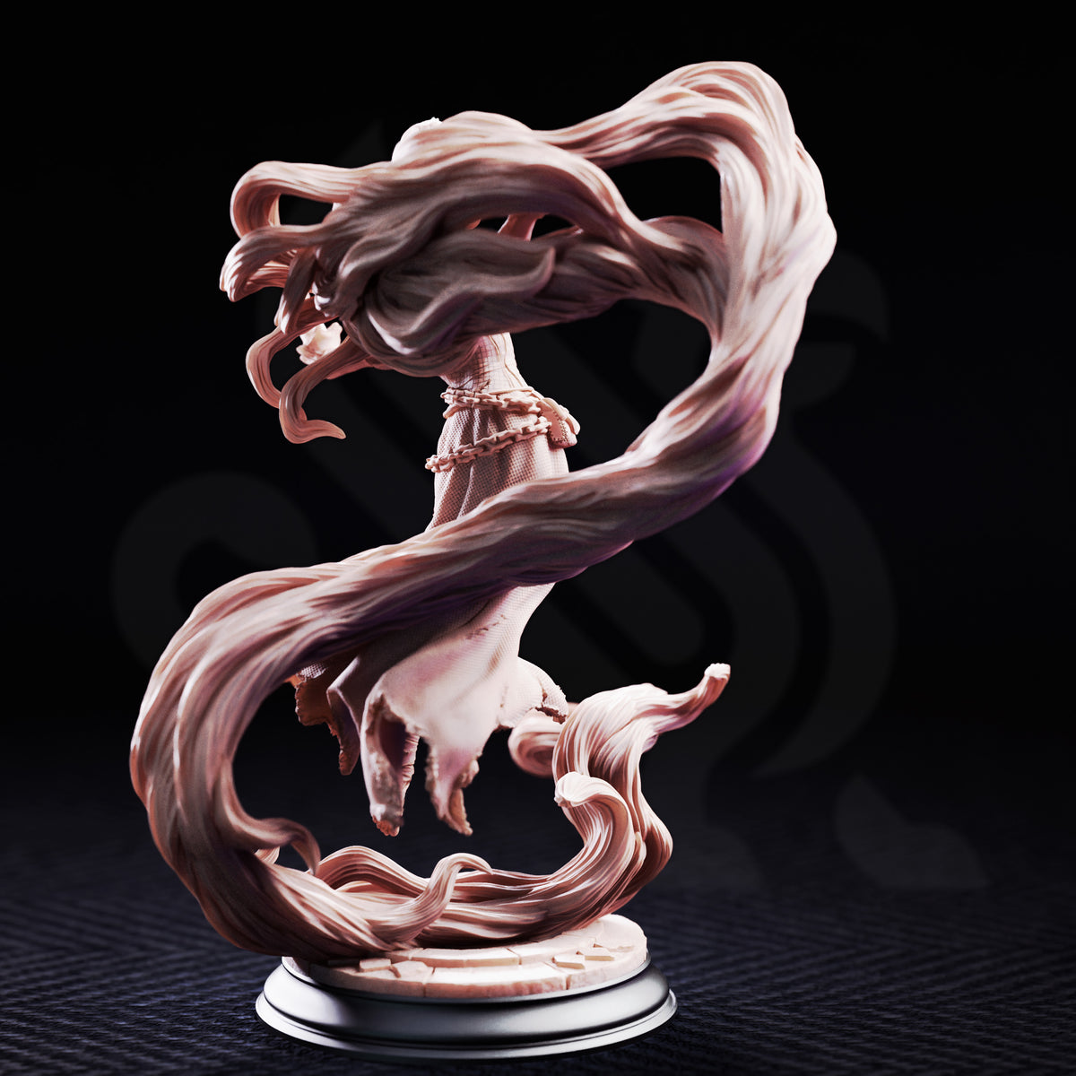 Rapunzel the Mad by DM Stash — a wild-haired woman in a tattered dress levitating within a massive swirl of animated hair, arms raised, bare feet trailing, on a cracked stone base.