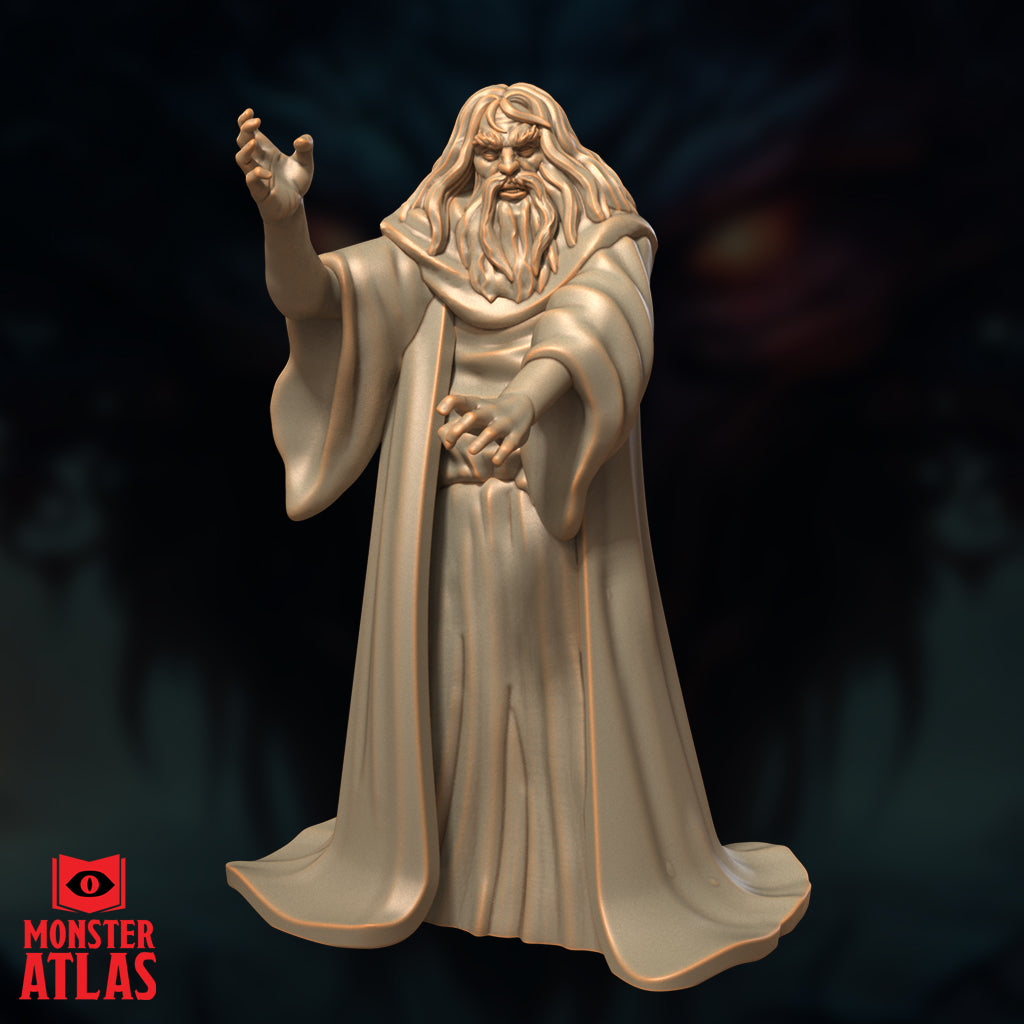 Digital render of an unpainted archmage miniature at 32mm scale, sculpted by Monster Atlas — an elderly long-haired bearded man in sweeping robes, right hand raised commandingly and left hand curled inward in a spellcasting gesture, with an intense and imperious expression
