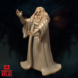 Digital render of the Monster Atlas archmage miniature in a second pose — both hands extended forward with fingers splayed wide, robes flowing dramatically, the figure's face set in a cold and calculating expression mid-incantation