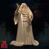Digital render of the Monster Atlas archmage in a third pose — right hand raised with fingers clawed upward and left hand reaching outward low, the figure's posture conveying barely contained magical fury beneath flowing layered robes