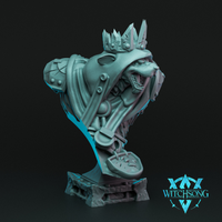 Digital render of an unpainted grey resin bust of a crowned rat warlord by Witchsong Miniatures, showing a snarling open-jawed face, jagged crystal crown, heavy plate armour with brooch and cloak, a war-axe at the chest, and a craggy stone plinth base