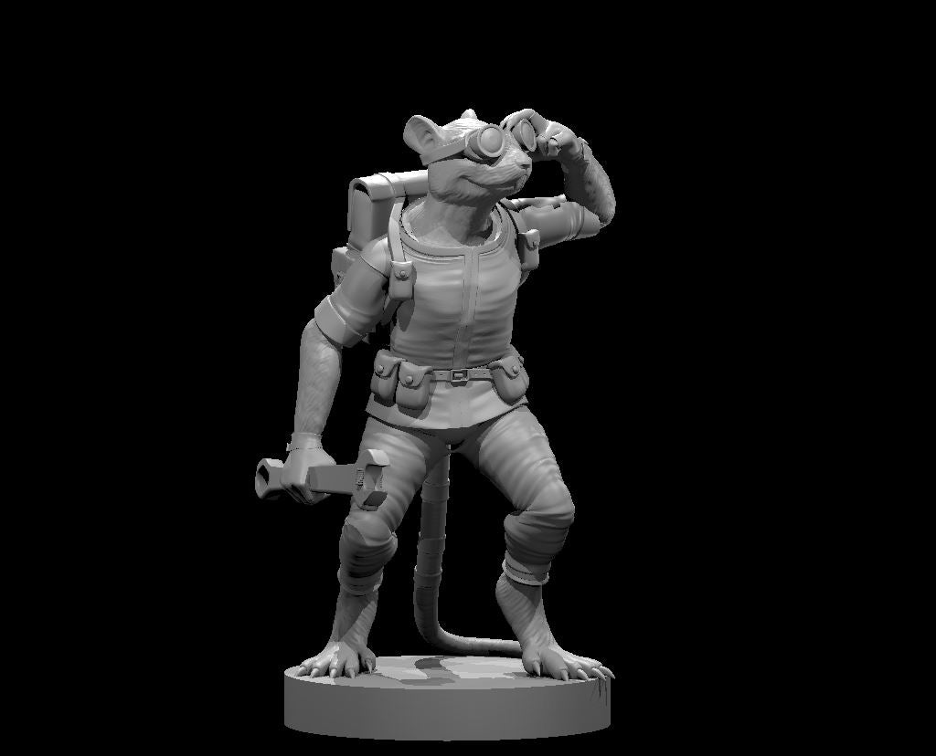 Unpainted grey resin 3D printed miniature of a female ratfolk artificer at 32mm scale. She stands in a confident mid-stride pose, one hand adjusting goggles on her brow, the other holding a compact gadget-weapon at her side. She wears a utility vest, pouches on her belt, mechanical arm plating, and has a long tail curling behind her. Mounted on a plain round base.