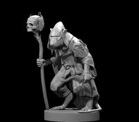 Unpainted grey resin digital render of a Ratfolk Warlock miniature at 32mm scale, depicted in a low crouching pose wearing layered hooded robes with serpentine detailing, holding a tall gnarled staff topped with a horned skull, with rat-folk features including rounded ears, flat muzzle, and bare clawed feet, on a flat round base