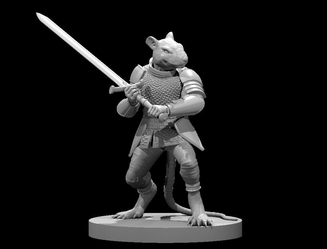 Ratfolk miniature in scale mail and pauldrons, gripping a longsword across the body in a guarded two-handed stance, clawed feet planted wide. Sculpt by MZ4250.