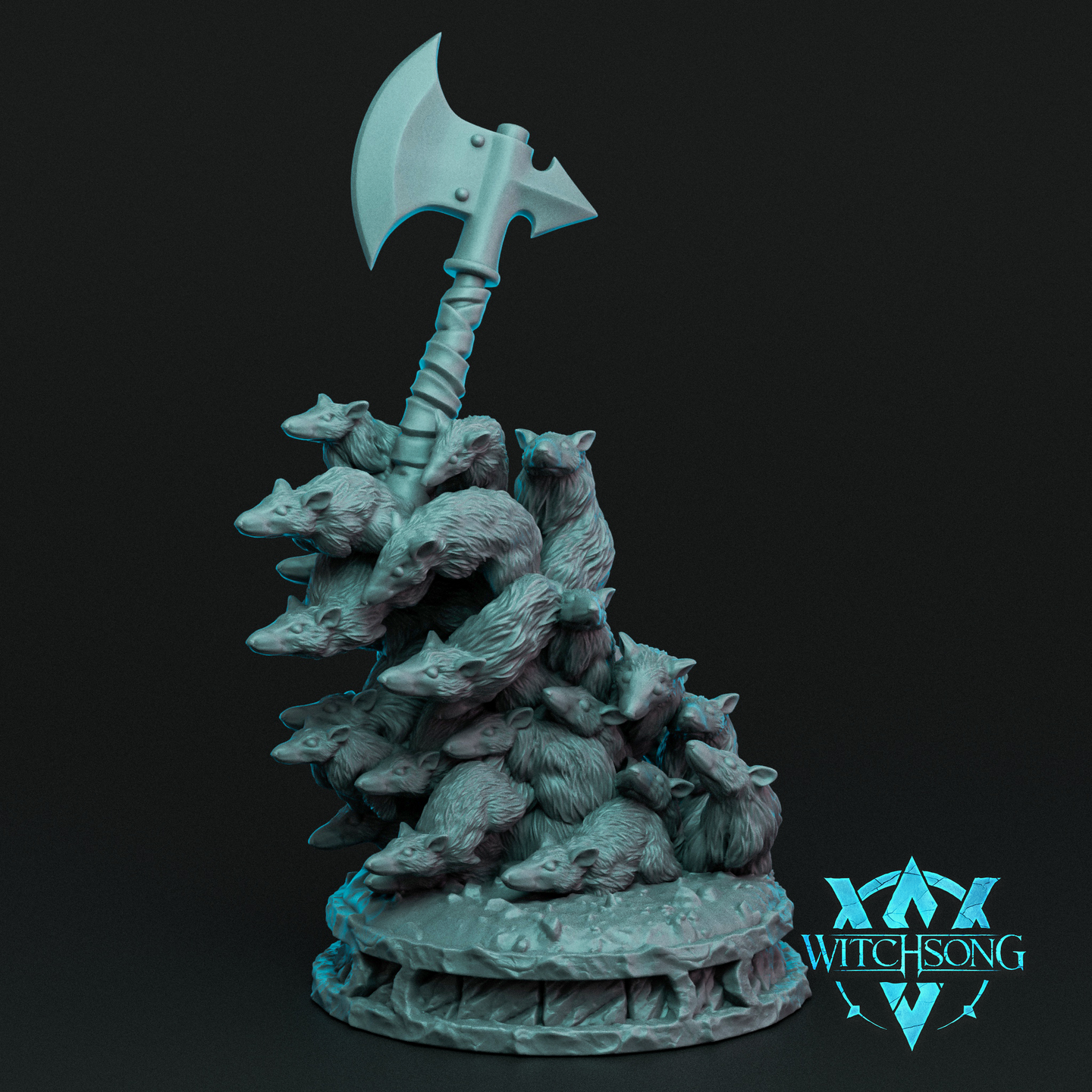 Digital render of the Witchsong Miniatures Ratswarm miniature — a teeming mass of individually sculpted rats surging upward around a large battleaxe thrust into the air, shown in grey-blue resin render on a dark background