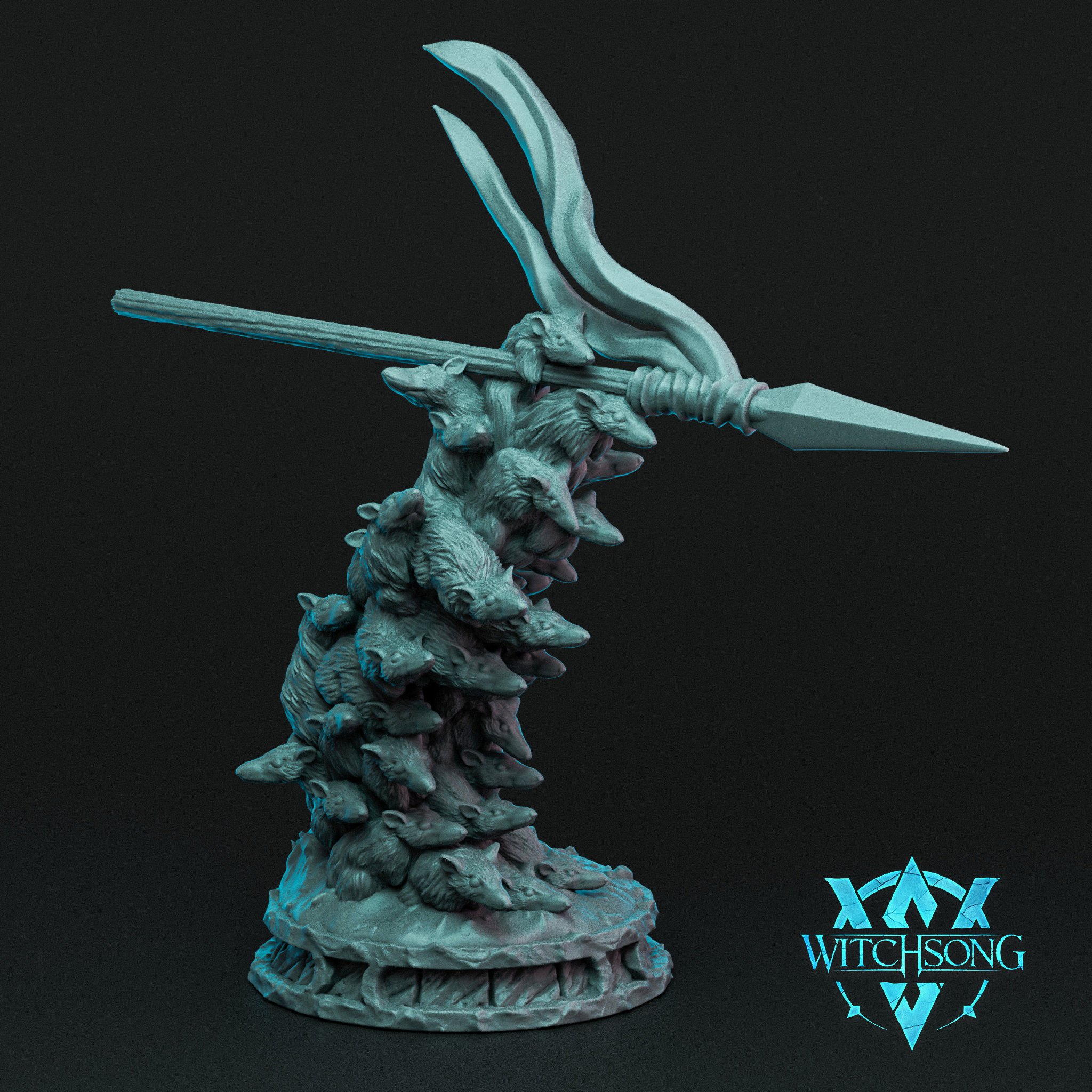 Digital render of Ratswarm 02 by Witchsong Miniatures — an unpainted grey miniature depicting a swirling column of rats collectively gripping a long spear with a split-tip blade, at 32mm tabletop scale