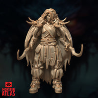 Front-facing digital render of Ravisin the Frost Druid miniature — unpainted resin-coloured sculpt showing a female figure in layered tattered robes with a knotted sash, bone fetishes tied to her shoulders, curved sickle blades at both sides, and wild hair adorned with carved bone ornaments