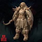 Three-quarter side view digital render of Ravisin the Frost Druid — unpainted sculpt showing her holding a large curved sickle blade low in her right hand, bone fetishes visible on her shoulder, billowing cloak behind her, and heavily padded lower legs with bound boots