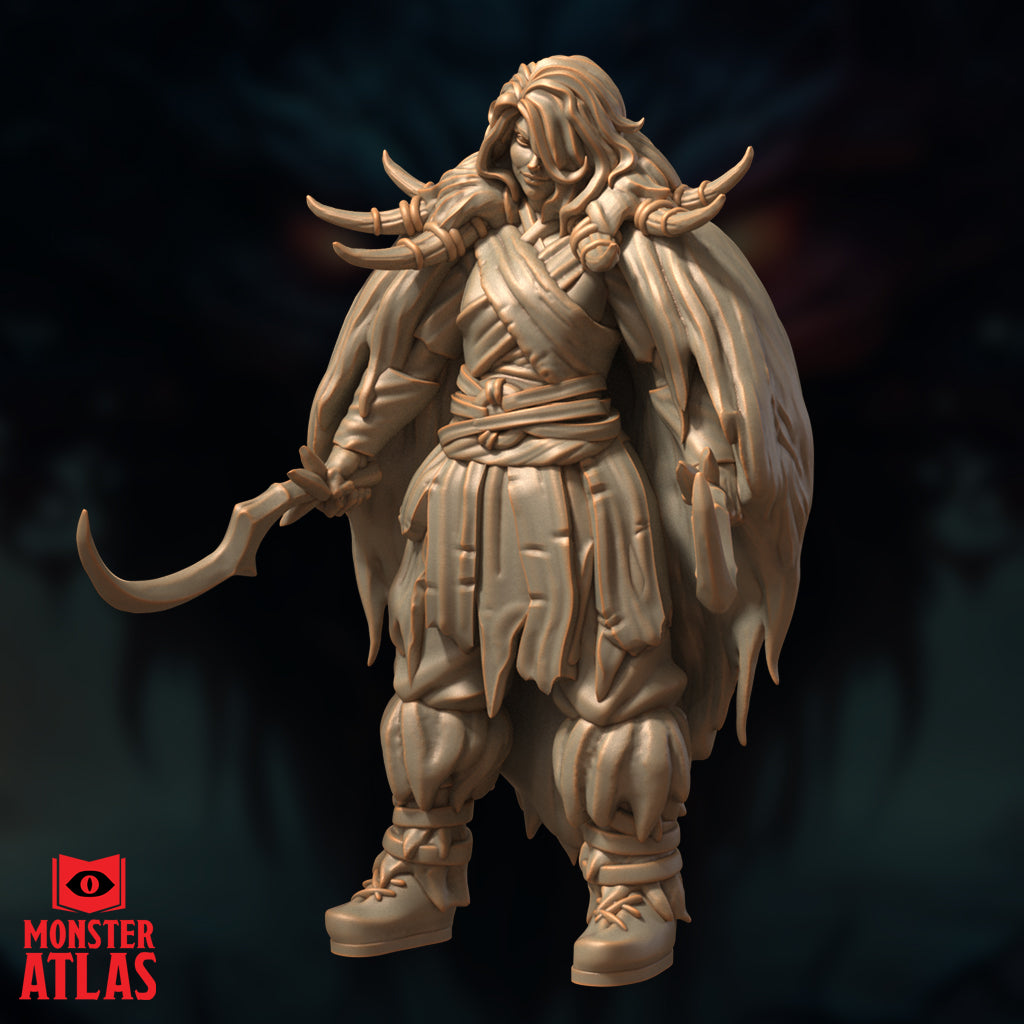 Three-quarter side view digital render of Ravisin the Frost Druid — unpainted sculpt showing her holding a large curved sickle blade low in her right hand, bone fetishes visible on her shoulder, billowing cloak behind her, and heavily padded lower legs with bound boots