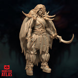 Angled front-left digital render of Ravisin the Frost Druid — unpainted sculpt highlighting the swept cloak, bone ornaments woven through flowing hair, curved sickle blade extended in her left hand, and the layered wrap detailing across her torso and waist