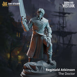 Rear view of a long-coated male figure gripping a bone saw in one raised hand, the coat showing heavy worn texture at the hem over a draped cloth base. Sculpt by DM Stash.