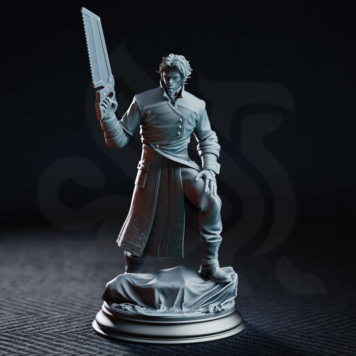Grinning male figure in a long coat raising a serrated bone saw overhead, one knee propped up, standing on a crumpled cloth base. Sculpt by DM Stash.