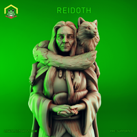 Digital render of Reidoth the Druid miniature — an aged robed elder with long grey hair and clasped hands, a large wolf draped across his shoulders with its paws resting on his chest, unpainted grey resin sculpt at 32mm scale by The Toadstool Weaver