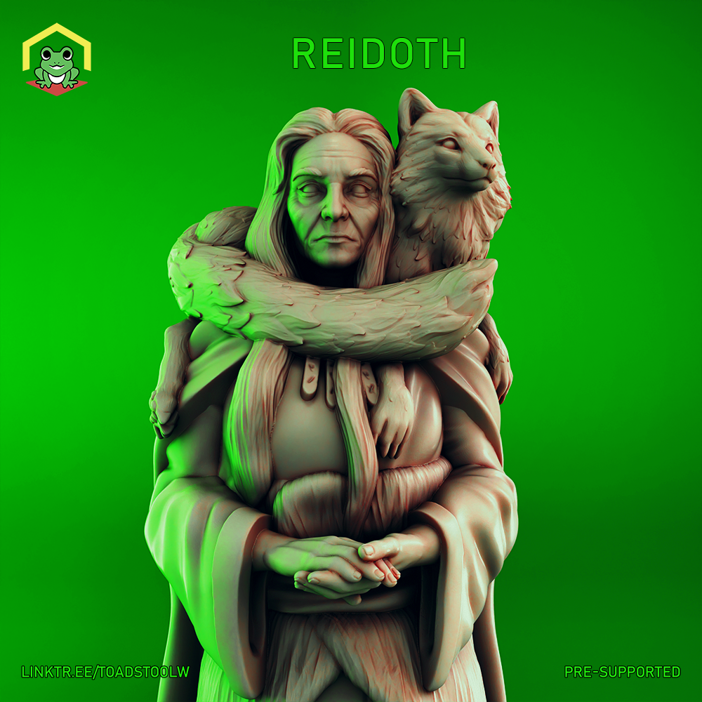Digital render of Reidoth the Druid miniature — an aged robed elder with long grey hair and clasped hands, a large wolf draped across his shoulders with its paws resting on his chest, unpainted grey resin sculpt at 32mm scale by The Toadstool Weaver