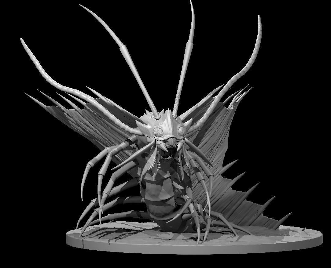 Remorhaz miniature by MZ4250 — low-slung insectoid creature with fanned chitinous wings, compound eyes, open serrated mandibles, multiple articulated legs, and tall curved dorsal spines rising from its armoured back.