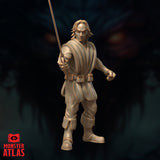 Digital render of the Noble Lord Renaer Neverember 32mm miniature — unpainted resin-coloured sculpt shown from the front, longsword raised overhead mid-strike, wearing layered travelling clothes and a utility belt, by Monster Atlas