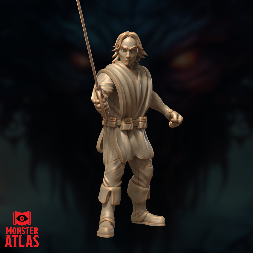 Digital render of the Noble Lord Renaer Neverember 32mm miniature — unpainted resin-coloured sculpt shown from the front, longsword raised overhead mid-strike, wearing layered travelling clothes and a utility belt, by Monster Atlas