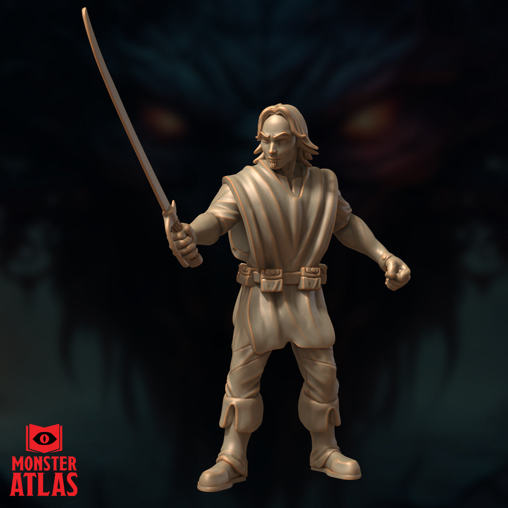 Digital render of the Noble Lord Renaer Neverember 32mm miniature — unpainted resin-coloured sculpt shown from the front in a wide combat stance, sword levelled forward with one fist clenched, detailed fabric folds and belt pouches visible, by Monster Atlas